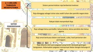 SISTEM
PEMERINTAHAN
Sistem pemerintahan raja berbentuk teokrasi
2.1 CIRI-CIRI
TAMADUN
MESEPOTAMIA
Raja dianggap sebagai tuhan atau wakil tuhan dan pemilik negara kota
Rakyat tidak menyembah Raja
Raja sebagai ketua pentadbir, ketua tentera, ketua pendeta dan ketua
agama
Raja amat berkuasa dalam soal tanah, cukai, hasil pertanian dan
perniagaan.
Raja dibantu oleh para pegawai yang terdiri daripada golongan
bangsawan. Kebanyakan pegawai mempunyai ikatan dengan keluarga di
raja.
 