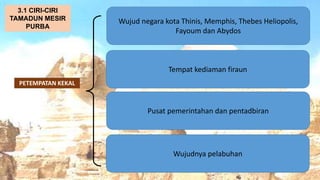 AT
PETEMPATAN KEKAL
Wujud negara kota Thinis, Memphis, Thebes Heliopolis,
Fayoum dan Abydos
3.1 CIRI-CIRI
TAMADUN MESIR
PURBA
Tempat kediaman firaun
Pusat pemerintahan dan pentadbiran
Wujudnya pelabuhan
 