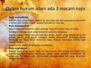 Dalam hukum islam ada 3 macam najis
• Najis mukhaffafah
Adalah najis yang ringan, seperti air seni bayi laki-laki yang belum berumur
2 tahun dan belum makan apapun kecuali air susu ibu.
• Najis mutawassitah
adalah najis pertengahan atau sedang. Yang termasuk najis ini ialah:
Bangkai binatang darat yang berdarah sewaktu hidupnya.
Segala macam darah kecuali hati dan limpa. Darah yang dimaksud di sini
adalah darah yang dapat mengalir ketika disembelih sehingga darah
belalang dan laron tidak termasuk najis. Hukum memakan benda najis
adalah haram.
Nanah yaitu darah yang sudah membusuk.
• Najis mughalazah
Adalah najis yang berat. Najis ini bersumber dari anjing dan babi. Cara
menyucikannya melalui beberapa tahap, yaitu dengan membasuh air
sebanyak 7x, salah satu diantaranya menggunakan air yang dicampur
dengan tanah.
 