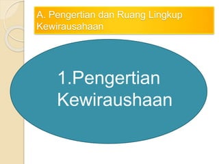 A. Pengertian dan Ruang Lingkup
Kewirausahaan
1.Pengertian
Kewiraushaan
 