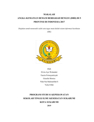 MAKALAH
ANGKA KEMATIAN DEMAM BERDARAH DENGUE (DBD) DI 5
PROVINSI DI INDONESIA 2017
Diajukan untuk memenuhi salah satu tugas mata kuliah sistem informasi kesehatan
(SIK)
Oleh
Elvira Ayu Wulandari
Fauzia Firmayantisyah
Giesella Monica
Nida Nur Rahmatillah S
Yulia Ulfah
PROGRAM STUDI S1 KEPERAWATAN
SEKOLAH TINGGI ILMU KESEHATAN SUKABUMI
KOTA SUKABUMI
2019
 