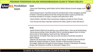 SEJARAH & PERKEMBANGAN ISLAM DI MALAYSIA
Pendidikan
Islam
Kedah
-Ulama dari Palembang, Syeikh Abdul Jalil bin Abdul Wahab di lantik sebagai mufti
Kedah.
-Ulama Banjarmansin, Haji Mas’ud perintis pembentukan sistem pengajian pondok
di Kedah. Anak beliau Muhammad Taib memperkemaskan institusi pondok dan
membuka pondok di Titi Gajah, menjadi mufti pada tahun 1870
-Ulama Pattani, Haji Wan Ishak mempunyai rangkaian pondok di Pulau Pinang
-Tuan Hussain bin Nasir, Haji Wan Sulaiman bin Sidek, Syeikh al-Islam (30 tahun)
Perak
-Syeikh Ibrahim Mahmud mendirikan surau di Bota Kanan, Islam pesat berkembang.
-Zaman pemerintahan Sultan Muzaffar Shah XI, pondok pengajian Islam di dirikan
ulama Aceh di Teluk Bakong, Teluk Sareh dan Tebing Pulai
-Awal abad ke-19, Syeikh Tuan Haji Junus dari Sumatera mendirikan pondok di
Malim Mawar.
-Abad ke-20, kemasukan ulama2 dari Jawa dan Banjar. Pondok2 terkenal di Perak-
Madrasah Saadiah Salihiyah di Temoh, Pondok ar-Rahmaniyyah di Gunung
Semanggol, Madrasah Idrisiyyah di Kuala Kangsar, Pondok al-Ubudiyyah di Padang
Rengas, dan Madrasah al-akhlak al-Islamiyah di Bagan Serai.
 