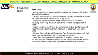 SEJARAH & PERKEMBANGAN ISLAM DI MALAYSIA
Pendidikan
Islam
Negeri Lain
- Selangor, Madrasah Awwamiyah di Sabak Bernam diasakan oleh Mohd.
Awam bin Mohd Rosli.
- Pahang, Haji Uthman bin Senik (1838-1918) menjadi mufti Pahang. Beliau
berkhidmat di bawah pimpinan tiga orang sultan.
- Haji Mohd. Hasan bin Mohd. Senek, mudir Madrasah al-Attas di
Ketapang Pekan yang diasaskan oleh Habib Hassanal-Attas pada tahun
1923.
- Negeri Sembilan, Haji Ahmad bin Muhammad Said ad-Dandarawi, mufti
Negeri Sembilan dan mendirikan Madrasah as-Sa’adiyyah pada tahun
1935.
- Melaka, Madrasah Nur ad-Daniyyah di Paya Rumput di asaskan oleh Haji
Abdul Latif Haji Tambi dan Haji Ahmad Haji Md. Kassim.
- Johor, Bergantung perkembangan Islam di Singapura. Ulama Arab
berketurunan Sayyid Alawiah. Madrasah Haji Taib di Kampung Parit Jamil,
Muar yang pernah dibantu oleh Syeikh Muhammad Tahir Jalaluddin.
 
