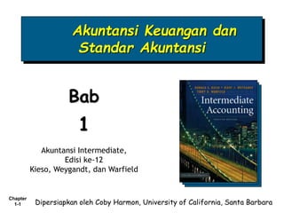 Chapter
1-1
Akuntansi Keuangan dan
Standar Akuntansi
Bab
1
Akuntansi Intermediate,
Edisi ke-12
Kieso, Weygandt, dan Warfield
Dipersiapkan oleh Coby Harmon, University of California, Santa Barbara
 