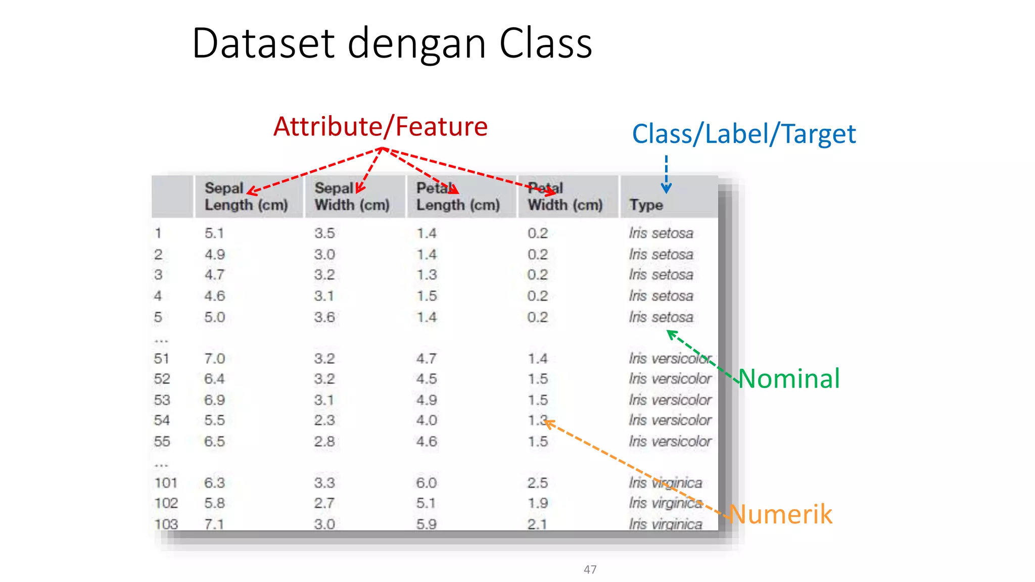 Dataset dengan Class
47
Class/Label/Target
Attribute/Feature
Nominal
Numerik
 
