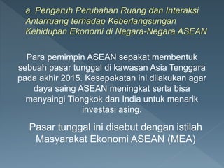 Para pemimpin ASEAN sepakat membentuk
sebuah pasar tunggal di kawasan Asia Tenggara
pada akhir 2015. Kesepakatan ini dilakukan agar
daya saing ASEAN meningkat serta bisa
menyaingi Tiongkok dan India untuk menarik
investasi asing.
Pasar tunggal ini disebut dengan istilah
Masyarakat Ekonomi ASEAN (MEA)
 