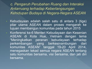 • Kebudayaan adalah salah satu di antara 3 (tiga)
pilar utama ASEAN dalam proses mengarah ke
tujuan membangun komunitas pada tahun 2015
• Konferensi ke-6 Menteri Kebudayaan dan Kesenian
ASEAN di Kota Hue, Vietnam dengan tema
“Meningkatkan peranan kebudayaan terhadap
perkembangan yang berkesinambungan dari
komunitas ASEAN” tanggal 19-20 April 2014,
menegaskan tekad semua negara ASEAN tentang
satu komunitas bersama, visi bersama, dan jati diri
bersama.
 