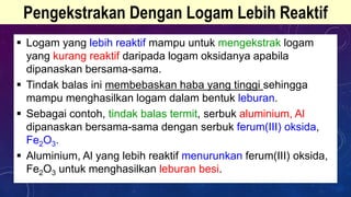 Pengekstrakan Dengan Logam Lebih Reaktif
 Logam yang lebih reaktif mampu untuk mengekstrak logam
yang kurang reaktif daripada logam oksidanya apabila
dipanaskan bersama-sama.
 Tindak balas ini membebaskan haba yang tinggi sehingga
mampu menghasilkan logam dalam bentuk leburan.
 Sebagai contoh, tindak balas termit, serbuk aluminium, Al
dipanaskan bersama-sama dengan serbuk ferum(III) oksida,
Fe2O3.
 Aluminium, Al yang lebih reaktif menurunkan ferum(III) oksida,
Fe2O3 untuk menghasilkan leburan besi.
 