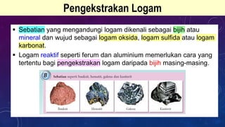Pengekstrakan Logam
 Sebatian yang mengandungi logam dikenali sebagai bijih atau
mineral dan wujud sebagai logam oksida, logam sulfida atau logam
karbonat.
 Logam reaktif seperti ferum dan aluminium memerlukan cara yang
tertentu bagi pengekstrakan logam daripada bijih masing-masing.
 