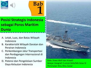 A. Letak, Luas, dan Batas Wilayah
Indonesia
B. Karakteristik Wilayah Daratan dan
Perairan Indonesia
C. Perkembangan Jalur Transportasi
dan Perdagangan Internasional di
Indonesia
D. Potensi dan Pengelolaan Sumber
Daya Kelautan Indonesia
Bab
1
Posisi Strategis Indonesia
sebagai Poros Maritim
Dunia
Buku Siswa Aktif dan Kreatif
Belajar Geografi 2 untuk SMA/MA Kelas XI
Peminatan Ilmu-Ilmu Sosial
 