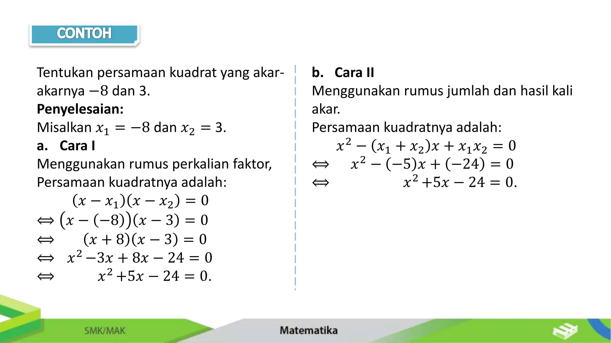 Tentukan persamaan kuadrat yang akar-
akarnya −8 dan 3.
Penyelesaian:
Misalkan 𝑥1 = −8 dan 𝑥2 = 3.
a. Cara I
Menggunakan rumus perkalian faktor,
Persamaan kuadratnya adalah:
𝑥 − 𝑥1 𝑥 − 𝑥2 = 0
⟺ 𝑥 − −8 𝑥 − 3 = 0
⟺ 𝑥 + 8 𝑥 − 3 = 0
⟺ 𝑥2
−3𝑥 + 8𝑥 − 24 = 0
⟺ 𝑥2
+5𝑥 − 24 = 0.
b. Cara II
Menggunakan rumus jumlah dan hasil kali
akar.
Persamaan kuadratnya adalah:
𝑥2 − 𝑥1 + 𝑥2 𝑥 + 𝑥1𝑥2 = 0
⟺ 𝑥2 − −5 𝑥 + −24 = 0
⟺ 𝑥2
+5𝑥 − 24 = 0.
 