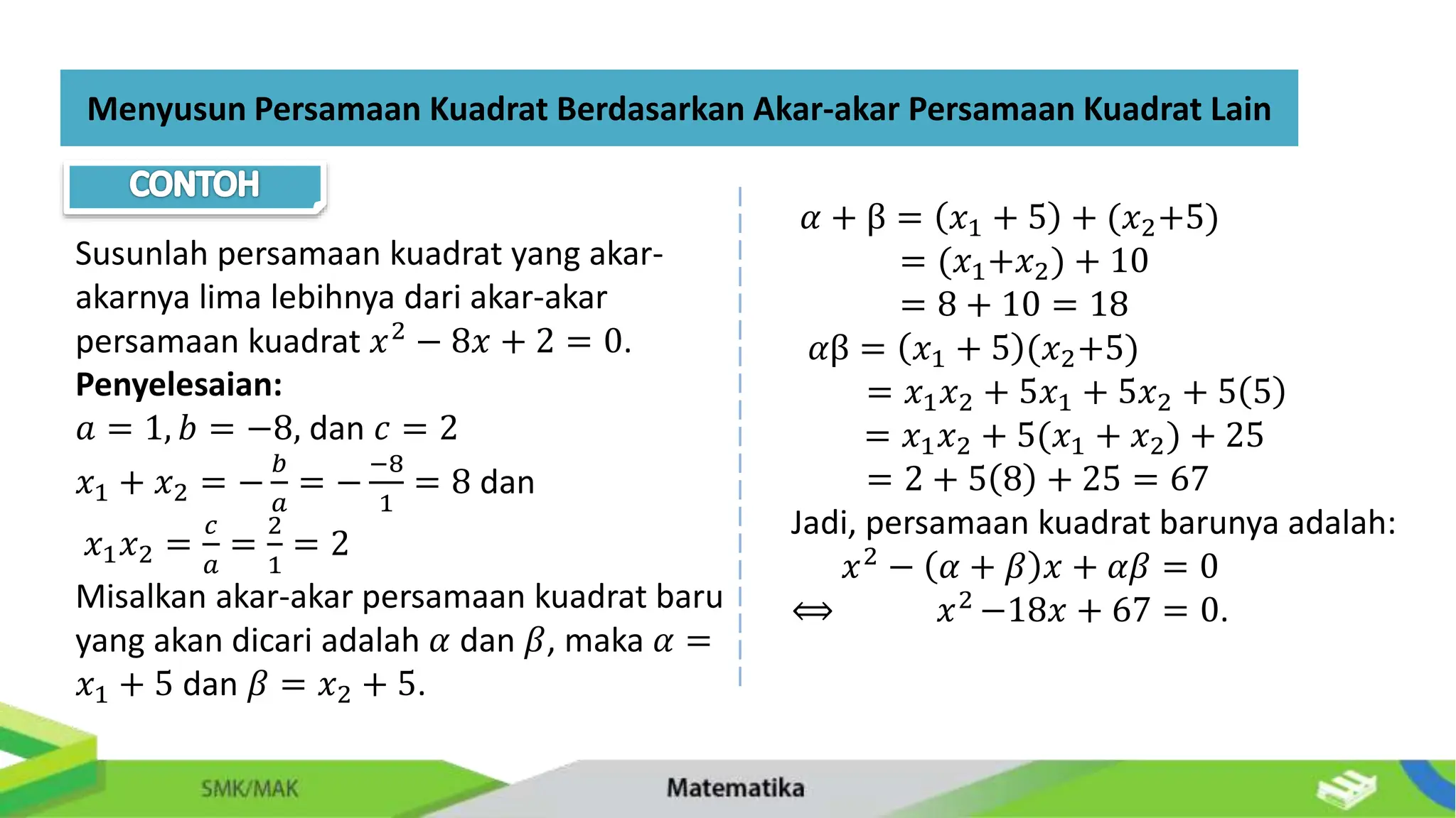 Menyusun Persamaan Kuadrat Berdasarkan Akar-akar Persamaan Kuadrat Lain
Susunlah persamaan kuadrat yang akar-
akarnya lima lebihnya dari akar-akar
persamaan kuadrat 𝑥2 − 8𝑥 + 2 = 0.
Penyelesaian:
𝑎 = 1, 𝑏 = −8, dan 𝑐 = 2
𝑥1 + 𝑥2 = −
𝑏
𝑎
= −
−8
1
= 8 dan
𝑥1𝑥2 =
𝑐
𝑎
=
2
1
= 2
Misalkan akar-akar persamaan kuadrat baru
yang akan dicari adalah 𝛼 dan 𝛽, maka 𝛼 =
𝑥1 + 5 dan 𝛽 = 𝑥2 + 5.
𝛼 + β = 𝑥1 + 5 + (𝑥2+5)
= (𝑥1+𝑥2) + 10
= 8 + 10 = 18
𝛼β = 𝑥1 + 5 (𝑥2+5)
= 𝑥1𝑥2 + 5𝑥1 + 5𝑥2 + 5 5
= 𝑥1𝑥2 + 5(𝑥1 + 𝑥2) + 25
= 2 + 5 8 + 25 = 67
Jadi, persamaan kuadrat barunya adalah:
𝑥2 − 𝛼 + 𝛽 𝑥 + 𝛼𝛽 = 0
⟺ 𝑥2
−18𝑥 + 67 = 0.
 