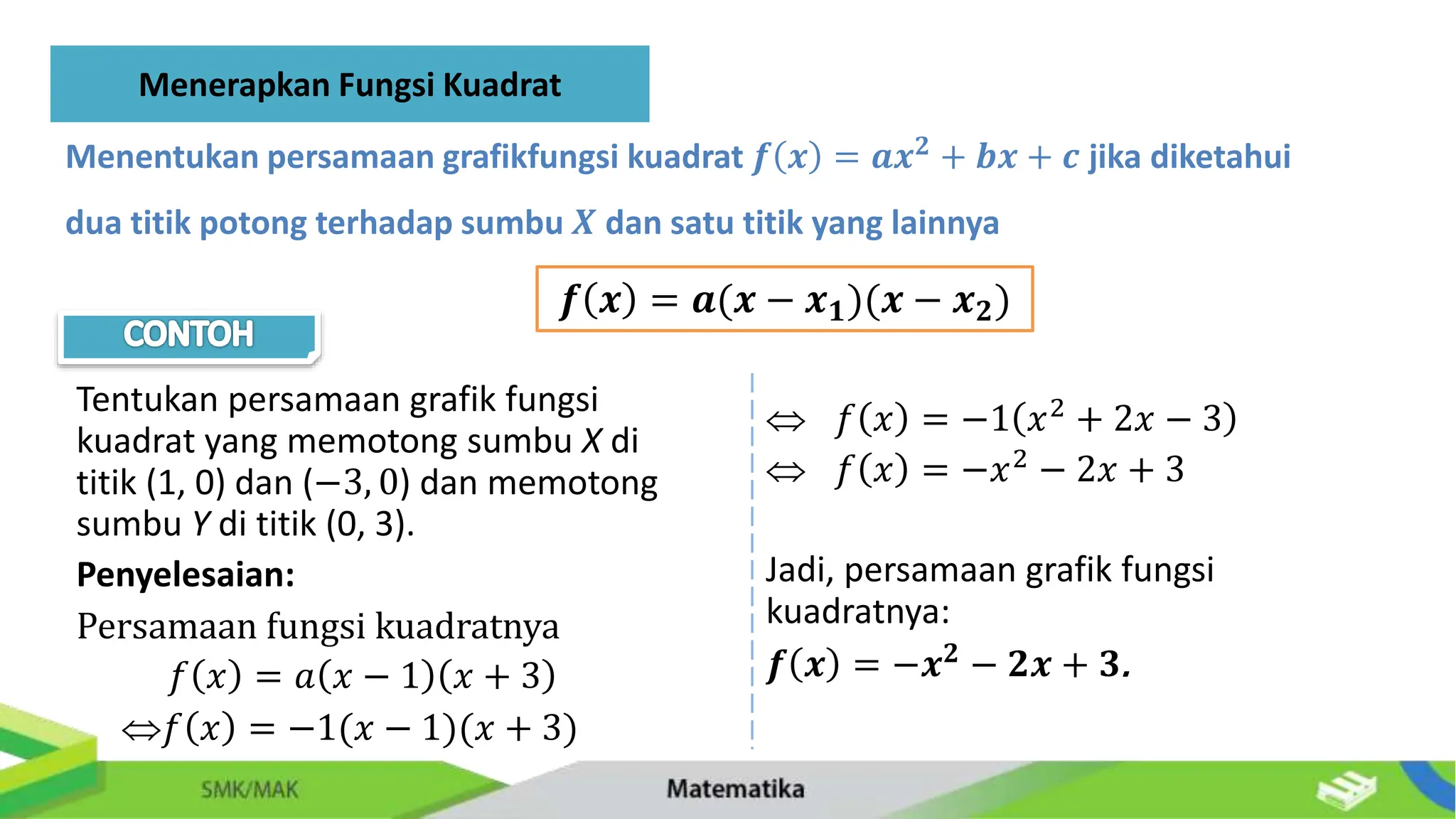 Menerapkan Fungsi Kuadrat
Menentukan persamaan grafikfungsi kuadrat 𝒇 𝒙 = 𝒂𝒙𝟐
+ 𝒃𝒙 + 𝒄 jika diketahui
dua titik potong terhadap sumbu 𝑿 dan satu titik yang lainnya
𝒇 𝒙 = 𝒂(𝒙 − 𝒙𝟏)(𝒙 − 𝒙𝟐)
Tentukan persamaan grafik fungsi
kuadrat yang memotong sumbu X di
titik (1, 0) dan (−3, 0) dan memotong
sumbu Y di titik (0, 3).
Penyelesaian:
Persamaan fungsi kuadratnya
𝑓 𝑥 = 𝑎 𝑥 − 1 𝑥 + 3
𝑓 𝑥 = −1(𝑥 − 1)(𝑥 + 3)
 𝑓 𝑥 = −1 𝑥2
+ 2𝑥 − 3
 𝑓 𝑥 = −𝑥2
− 2𝑥 + 3
Jadi, persamaan grafik fungsi
kuadratnya:
𝒇 𝒙 = −𝒙𝟐
− 𝟐𝒙 + 𝟑.
 
