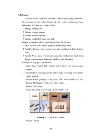 13
2.7 Resistor
Resistor adalah komponen elektronika berjenis pasif yang mempunyai
sifat menghambat arus listrik. Satuan nilai dari resistor adalah ohm biasa
disimbolkan Ω. Fungsi dari resistor adalah:
1. Sebagai pembagi arus
2. Sebagai penurun tegangan
3. Sebagai pembagi tegangan
4. Sebagai penghambat aliran arus listrik.
Resistor berdasarkan nilainya dapat dibagi dalam 3 jenis, yaitu:
1. Fixed Resistor, yaitu resistor yang nilai hambatannya tetap.
2. Variable Resistor, yaitu resistor yang nilai hambatannya dapat diubah-
ubah.
3. Resistor Non Linier, yaitu resistor yang nilai hambatannya tidak linier
karena pengaruh faktor lingkungan misalnya suhu dan cahaya.
Beberapa hal yang perlu diperhatikan:
1. Makin besar bentuk fisik resistor, makin besar pula daya resistor
tersebut.
2. Semakin besar nilai daya resistor makin tinggi suhu yang bisa diterima
resistor tersebut.
3. Resistor bahan gulungan kawat pasti lebih besar bentuk dan nilai
dayanya dibandingkan resistor dari bahan karbon.
Resistor Tetap (Fixed)
Secara fisik bentuk resistor tetap seperti Gambar 2.13.
Gambar 2.13 Bentuk fisik resistor
Resistor Variabel
 