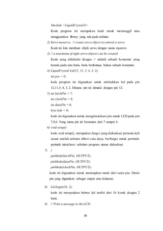 30
#include <LiquidCrystal.h>
Kode program ini merupakan kode untuk memanggil atau
menggunakan library yang ada pada arduino.
2) Servo myservo; // create servo object to control a servo
Kode ini kita membuat objek servo dengan nama myservo
3) // a maximum of eight servo objects can be created
Kode yang didahului dengan // adalah sebuah komentar yang
berada pada satu baris, baris berikutnya bukan sebuah komentar.
4) LiquidCrystal lcd(12, 11, 5, 4, 3, 2);
int pos = 0;
kode program ini digunakan untuk meletakkan lcd pada pin
12,11,5, 4, 3, 2. Dimana pin ini dimulai dengan pin 12.
5) int latchPin = 7;
int clockPin = 8;
int dataPin = 6;
byte leds = 0;
kode ini digunakan untuk menginisialisasi pin untuk LED pada pin
7,8,6. Yang mana pin ini berurutan dari 7 sampai 6.
6) void setup()
kode void setup(), merupakan fungsi yang dieksekusi pertama kali
sesaat setelah arduino diberi catu daya, berfungsi untuk perintah-
perintah inisialisasi sebelum program utama dieksekusi.
7) {
pinMode(latchPin, OUTPUT);
pinMode(dataPin, OUTPUT);
pinMode(clockPin, OUTPUT);
kode ini digunakan untuk menetapkan mode dari suatu pin. Disini
pin yang digunakan sebagai output atau keluaran.
8) lcd.begin(16, 2);
kode ini menyatakan bahwa lcd terdiri dari 16 kotak dengan 2
baris.
9) // Print a message to the LCD.
 