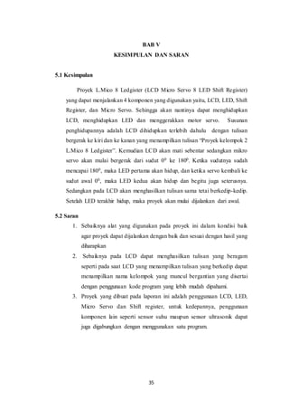 35
BAB V
KESIMPULAN DAN SARAN
5.1 Kesimpulan
Proyek L.Mico 8 Ledgister (LCD Micro Servo 8 LED Shift Register)
yang dapat menjalankan 4 komponen yang digunakan yaitu, LCD, LED, Shift
Register, dan Micro Servo. Sehingga akan nantinya dapat menghidupkan
LCD, menghidupkan LED dan menggerakkan motor servo. Susunan
penghidupannya adalah LCD dihidupkan terlebih dahulu dengan tulisan
bergerak ke kiri dan ke kanan yang menampilkan tulisan “Proyek kelompok 2
L.Mico 8 Ledgister”. Kemudian LCD akan mati sebentar sedangkan mikro
servo akan mulai bergerak dari sudut 00 ke 1800. Ketika sudutnya sudah
mencapai 1800, maka LED pertama akan hidup, dan ketika servo kembali ke
sudut awal 00, maka LED kedua akan hidup dan begitu juga seterusnya.
Sedangkan pada LCD akan menghasilkan tulisan sama tetai berkedip-kedip.
Setelah LED terakhir hidup, maka proyek akan mulai dijalankan dari awal.
5.2 Saran
1. Sebaiknya alat yang digunakan pada proyek ini dalam kondisi baik
agar proyek dapat dijalankan dengan baik dan sesuai dengan hasil yang
diharapkan
2. Sebaiknya pada LCD dapat menghasilkan tulisan yang beragam
seperti pada saat LCD yang menampilkan tulisan yang berkedip dapat
menampilkan nama kelompok yang muncul bergantian yang disertai
dengan penggunaan kode program yang lebih mudah dipahami.
3. Proyek yang dibuat pada laporan ini adalah penggunaan LCD, LED,
Micro Servo dan Shift register, untuk kedepannya, penggunaan
komponen lain seperti sensor suhu maupun sensor ultrasonik dapat
juga digabungkan dengan menggunakan satu program.
 