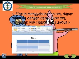 TEKNOLOGI INFORMASI DAN KOMUNIKASI 
3. Untuk menggabungkan cel, dapat 
dilakuka dengan cara : Blok cel, 
kemudian klik ribbon tab Layout > 
MergeCells. 
 