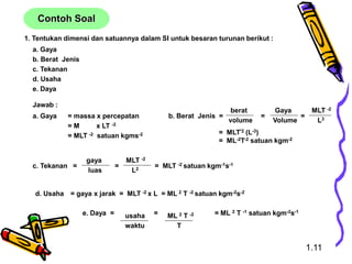 1. Tentukan dimensi dan satuannya dalam SI untuk besaran turunan berikut :
a. Gaya
b. Berat Jenis
c. Tekanan
d. Usaha
e. Daya
Jawab :
b. Berat Jenis = = =
= MLT-2 (L-3)
= ML-2T-2 satuan kgm-2
berat
volume
Gaya
Volume
MLT -2
L3
a. Gaya = massa x percepatan
= M x LT -2
= MLT -2 satuan kgms-2
c. Tekanan = = = MLT -2 satuan kgm-1s-1
gaya
luas
MLT -2
L2
d. Usaha = gaya x jarak = MLT -2 x L = ML 2 T -2 satuan kgm-2s-2
e. Daya = = = ML 2 T -1 satuan kgm-2s-1
usaha
waktu
ML 2 T -2
T
Contoh Soal
1.11
 