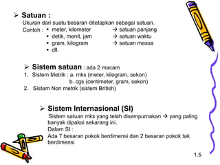  Satuan :
Ukuran dari suatu besaran ditetapkan sebagai satuan.
Contoh :
 Sistem satuan : ada 2 macam
1. Sistem Metrik : a. mks (meter, kilogram, sekon)
b. cgs (centimeter, gram, sekon)
2. Sistem Non metrik (sistem British)
 Sistem Internasional (SI)
Sistem satuan mks yang telah disempurnakan  yang paling
banyak dipakai sekarang ini.
Dalam SI :
Ada 7 besaran pokok berdimensi dan 2 besaran pokok tak
berdimensi
 meter, kilometer  satuan panjang
 detik, menit, jam  satuan waktu
 gram, kilogram  satuan massa
 dll.
1.5
 
