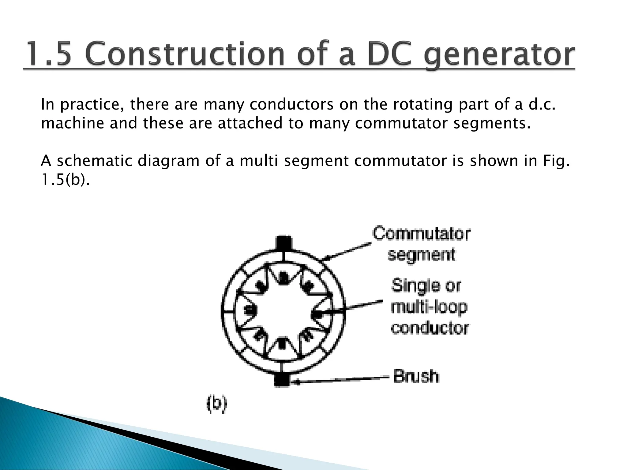 In practice, there are many conductors on the rotating part of a d.c.
machine and these are attached to many commutator segments.
A schematic diagram of a multi segment commutator is shown in Fig.
1.5(b).
 