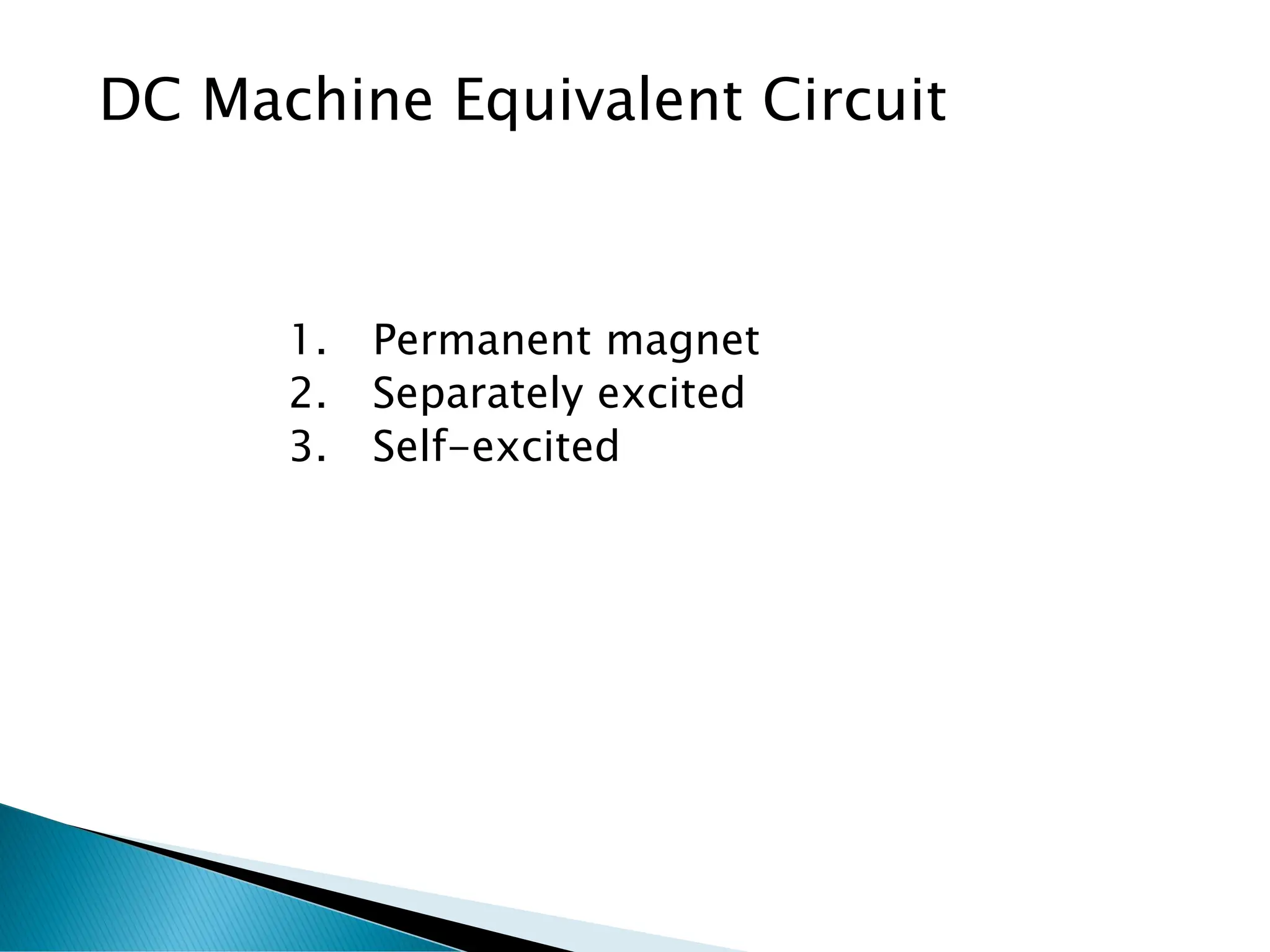 DC Machine Equivalent Circuit
1. Permanent magnet
2. Separately excited
3. Self-excited
 