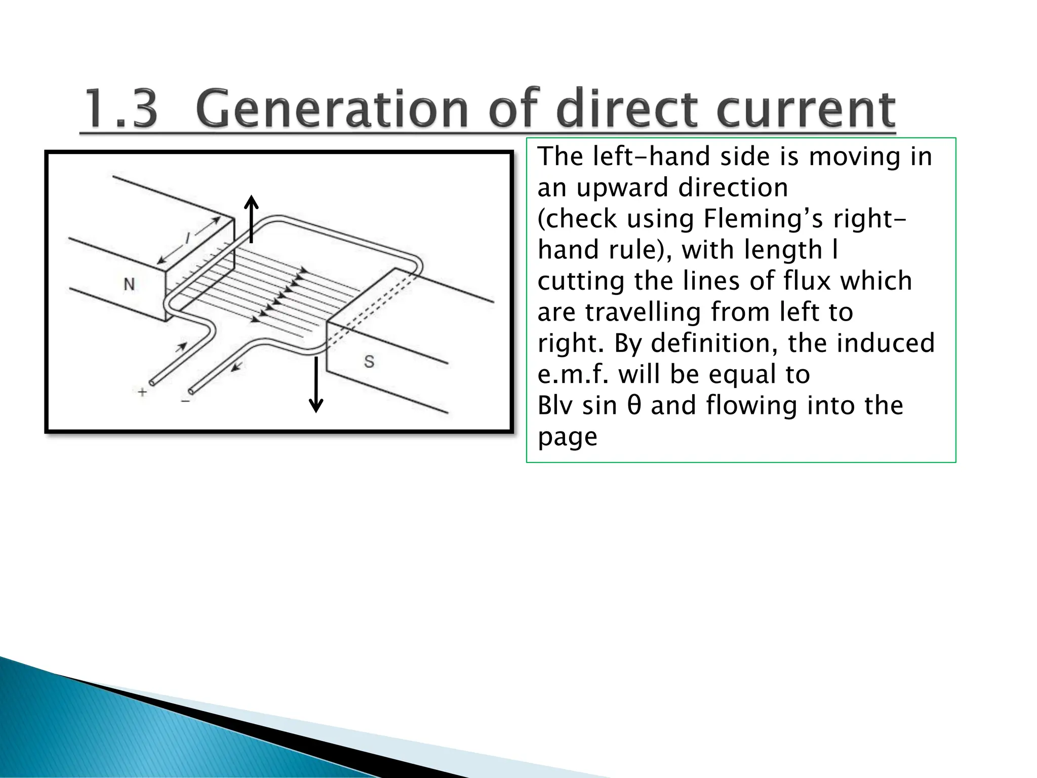The left-hand side is moving in
an upward direction
(check using Fleming’s right-
hand rule), with length l
cutting the lines of flux which
are travelling from left to
right. By definition, the induced
e.m.f. will be equal to
Blv sin θ and flowing into the
page
 