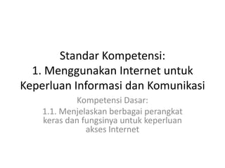 Standar Kompetensi:
1. Menggunakan Internet untuk
Keperluan Informasi dan Komunikasi
Kompetensi Dasar:
1.1. Menjelaskan berbagai perangkat
keras dan fungsinya untuk keperluan
akses Internet
 