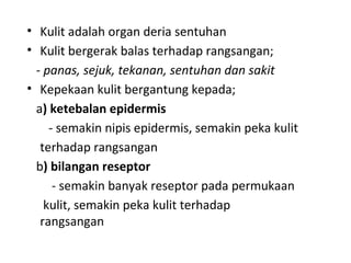 • Kulit adalah organ deria sentuhan
• Kulit bergerak balas terhadap rangsangan;
  - panas, sejuk, tekanan, sentuhan dan sakit
• Kepekaan kulit bergantung kepada;
  a) ketebalan epidermis
     - semakin nipis epidermis, semakin peka kulit
   terhadap rangsangan
  b) bilangan reseptor
      - semakin banyak reseptor pada permukaan
    kulit, semakin peka kulit terhadap
   rangsangan
 