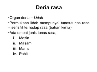Deria rasa
•Organ deria = Lidah
•Permukaan lidah mempunyai tunas-tunas rasa
= sensitif terhadap rasa (bahan kimia)
•Ada empat jenis tunas rasa;
   i. Masin
   ii. Masam
   iii. Manis
   iv. Pahit
 