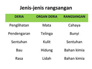 Jenis-jenis rangsangan
   DERIA      ORGAN DERIA   RANGSANGAN

Penglihatan      Mata         Cahaya

Pendengaran     Telinga       Bunyi

 Sentuhan        Kulit       Sentuhan

   Bau          Hidung      Bahan kimia

   Rasa          Lidah      Bahan kimia
 