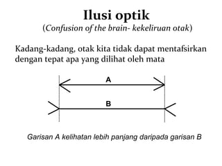 Ilusi optik
       (Confusion of the brain- kekeliruan otak)

Kadang-kadang, otak kita tidak dapat mentafsirkan
dengan tepat apa yang dilihat oleh mata

                          A


                          B



   Garisan A kelihatan lebih panjang daripada garisan B
 