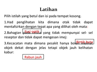 Latihan
Pilih istilah yang betul dan isi pada tempat kosong.
1.Had penglihatan kita dimana otak tidak dapat
mentafsirkan dengan tepat apa yang dilihat oleh mata:
2.Bahagian pada optik yang tidak mempunyai sel- sel
             Ilusi retina
reseptor dan tidak dapat mengesan imej:
                                              Bintik buta
3.Kecacatan mata dimana pesakit hanya boleh melihat
objek dekat dengan jelas tetapi objek jauh kelihatan
kabur:
            Rabun jauh
 