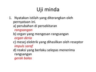 Uji minda
1. Nyatakan istilah yang diterangkan oleh
   pernyataan ini.
   a) perubahan di persekitaran
    rangsangan
   b) organ yang mengesan rangsangan
    organ deria
   c) mesej elektrik yang dihasilkan oleh reseptor
    impuls saraf
   d) reaksi yang berlaku selepas menerima
    rangsangan
    gerak balas
 