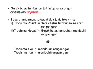 - Gerak balas tumbuhan terhadap rangsangan
  dinamakan tropisma

- Secara umumnya, terdapat dua jenis tropisma;
  i) Tropisma Positif = Gerak balas tumbuhan ke arah
                        rangsangan
  ii)Tropisma Negatif = Gerak balas tumbuhan menjauhi
                        rangsangan

                          @

    Tropisma +ve = mendekati rangsangan
    Tropisma –ve = menjauhi rangsangan
 