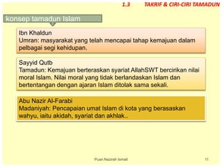 11
konsep tamadun Islam
Puan Nazirah Ismail
1.3 TAKRIF & CIRI-CIRI TAMADUN
Ibn Khaldun
Umran: masyarakat yang telah mencapai tahap kemajuan dalam
pelbagai segi kehidupan.
Sayyid Qutb
Tamadun: Kemajuan berteraskan syariat AllahSWT bercirikan nilai
moral Islam. Nilai moral yang tidak berlandaskan Islam dan
bertentangan dengan ajaran Islam ditolak sama sekali.
Abu Nazir Al-Farabi
Madaniyah: Pencapaian umat Islam di kota yang berasaskan
wahyu, iaitu akidah, syariat dan akhlak..
 