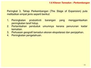 43
1.6 Kitaran Tamadun : Perkembangan
Peringkat 3, Tahap Perkembangan (The Stage of Expansion) pula
melibatkan empat jenis seperti berikut:
1. Peningkatan produktiviti barangan yang menggambarkan
peningkatan taraf hidup.
2. Pertambahan penduduk umumnya kerana penurunan kadar
kematian.
3. Perluasan geografi tamadun ekoran ekspolarasi dan penjajahan.
4. Peningkatan pengetahuan.
 