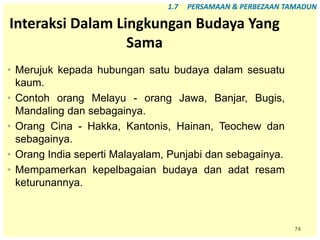 74
Interaksi Dalam Lingkungan Budaya Yang
Sama
• Merujuk kepada hubungan satu budaya dalam sesuatu
kaum.
• Contoh orang Melayu - orang Jawa, Banjar, Bugis,
Mandaling dan sebagainya.
• Orang Cina - Hakka, Kantonis, Hainan, Teochew dan
sebagainya.
• Orang India seperti Malayalam, Punjabi dan sebagainya.
• Mempamerkan kepelbagaian budaya dan adat resam
keturunannya.
1.7 PERSAMAAN & PERBEZAAN TAMADUN
 