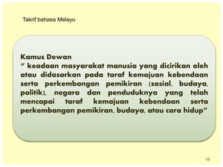 16
Takrif bahasa Melayu
Kamus Dewan
“ keadaan masyarakat manusia yang dicirikan oleh
atau didasarkan pada taraf kemajuan kebendaan
serta perkembangan pemikiran (sosial, budaya,
politik), negara dan penduduknya yang telah
mencapai taraf kemajuan kebendaan serta
perkembangan pemikiran, budaya, atau cara hidup”
 