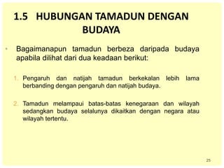 25
1.5 HUBUNGAN TAMADUN DENGAN
BUDAYA
• Bagaimanapun tamadun berbeza daripada budaya
apabila dilihat dari dua keadaan berikut:
1. Pengaruh dan natijah tamadun berkekalan lebih lama
berbanding dengan pengaruh dan natijah budaya.
2. Tamadun melampaui batas-batas kenegaraan dan wilayah
sedangkan budaya selalunya dikaitkan dengan negara atau
wilayah tertentu.
 