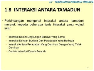 73
1.8 INTERAKSI ANTARA TAMADUN
• Perbincangan mengenai interaksi antara tamadun
merujuk kepada beberapa jenis interaksi yang wujud
iaitu:
• Interaksi Dalam Lingkungan Budaya Yang Sama
• Interaksi Dengan Budaya Dan Peradaban Yang Berbeza
• Interaksi Antara Peradaban Yang Dominan Dengan Yang Tidak
Dominan
• Contoh Interaksi Dalam Sejarah
1.7 PERSAMAAN & PERBEZAAN TAMADUN
 