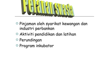 Pinjaman oleh syarikat kewangan dan industri perbankan Aktiviti pendidikan dan latihan Perundingan Program inkubator Peranan swasta 