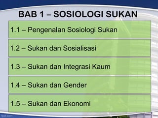 BAB 1 – SOSIOLOGI SUKAN
1.2 – Sukan dan Sosialisasi
1.1 – Pengenalan Sosiologi Sukan
1.3 – Sukan dan Integrasi Kaum
1.4 – Sukan dan Gender
1.5 – Sukan dan Ekonomi
 