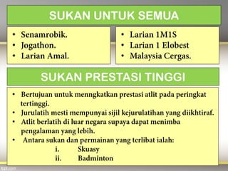 SUKAN UNTUK SEMUA
•
•
•
•
•
•
SUKAN PRESTASI TINGGI
•
•
•
•
 