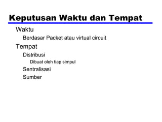 Keputusan Waktu dan Tempat
Waktu
Berdasar Packet atau virtual circuit

Tempat
Distribusi
Dibuat oleh tiap simpul

Sentralisasi
Sumber

 