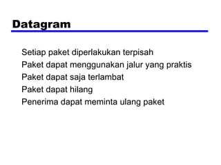 Datagram
Setiap paket diperlakukan terpisah
Paket dapat menggunakan jalur yang praktis
Paket dapat saja terlambat
Paket dapat hilang
Penerima dapat meminta ulang paket

 