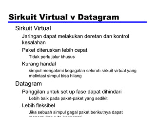 Sirkuit Virtual v Datagram
Sirkuit Virtual
Jaringan dapat melakukan deretan dan kontrol
kesalahan
Paket diteruskan lebih cepat
Tidak perlu jalur khusus

Kurang handal
simpul mengalami kegagalan seluruh sirkuit virtual yang
melintasi simpul bisa hilang

Datagram
Panggilan untuk set up fase dapat dihindari
Lebih baik pada paket-paket yang sedikit

Lebih fleksibel
Jika sebuah simpul gagal paket berikutnya dapat

 