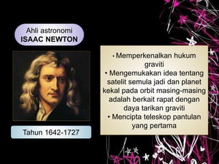 Ahli astronomi
ISAAC NEWTON
Tahun 1642-1727
• Memperkenalkan hukum
graviti
• Mengemukakan idea tentang
satelit semula jadi dan planet
kekal pada orbit masing-masing
adalah berkait rapat dengan
daya tarikan graviti
• Mencipta teleskop pantulan
yang pertama
 