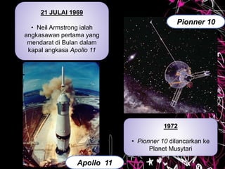 21 JULAI 1969
• Neil Armstrong ialah
angkasawan pertama yang
mendarat di Bulan dalam
kapal angkasa Apollo 11
Apollo 11
1972
• Pionner 10 dilancarkan ke
Planet Musytari
Pionner 10
 