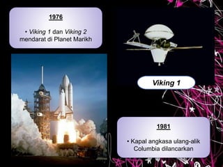 1976
• Viking 1 dan Viking 2
mendarat di Planet Marikh
Viking 1
1981
• Kapal angkasa ulang-alik
Columbia dilancarkan
 