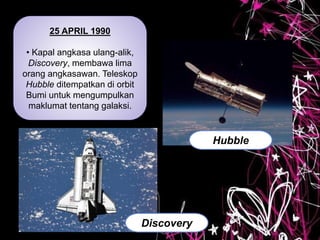 25 APRIL 1990
• Kapal angkasa ulang-alik,
Discovery, membawa lima
orang angkasawan. Teleskop
Hubble ditempatkan di orbit
Bumi untuk mengumpulkan
maklumat tentang galaksi.
Hubble
Discovery
 